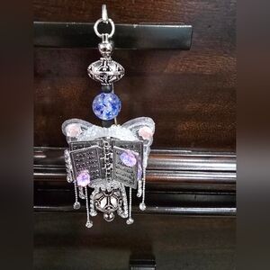 Vintage Silver Book Pendant with Blue Bead Accent
